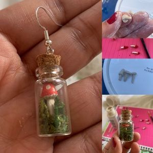 Handmade mushroom and green moss earrings!! Sterling silver hook.